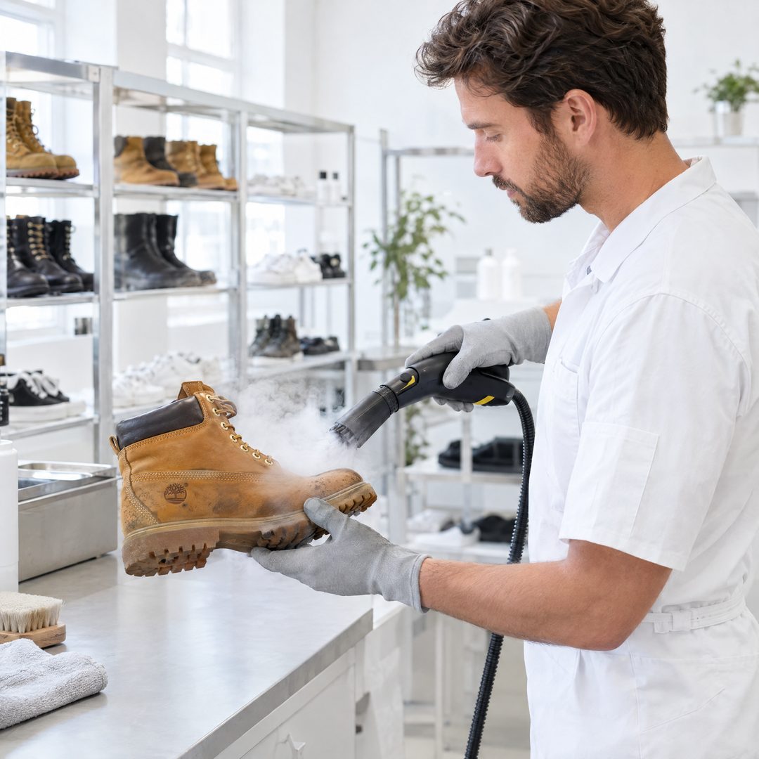 Мастер в белой форме чистит ботинок Timberland парогенератором