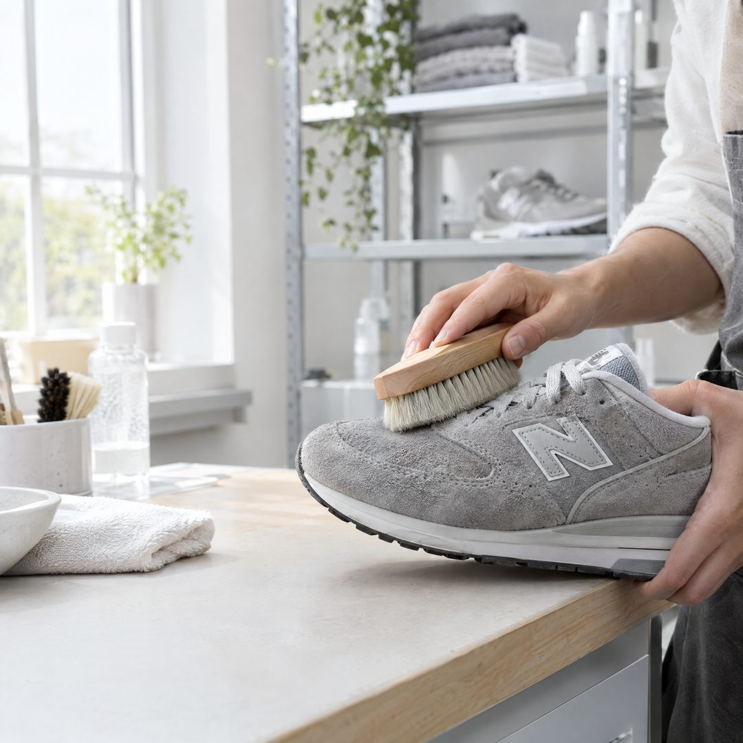Щётка освежает ворс на замшевом New Balance
